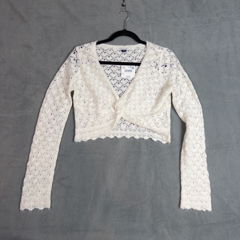 American Eagle Cardigan Womens Small White NEW Twist Front Pointelle Cropped
